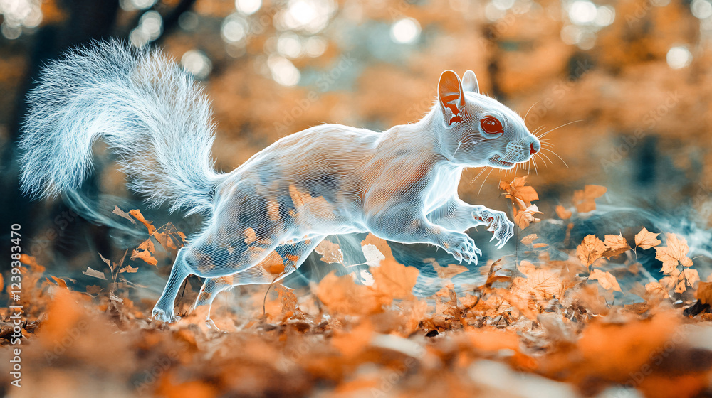 Poster a playful x-ray of a squirrel, illustrating its agile body and bones as it navigates through an abst