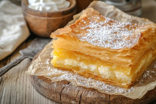 Greek bougatsa is a sweet pastry of crispy filo with custard and semolina filling Wooden table