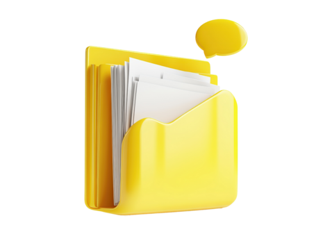 Isolated Yellow File Folder with Documents and Speech Bubble