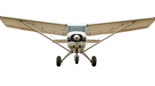 Isolated Front View of a Small White Single Engine Airplane