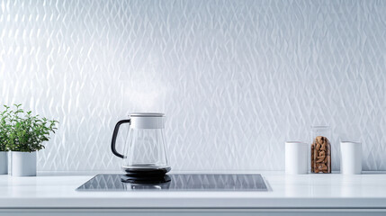 Modern kitchen design with induction stove and glass kettle