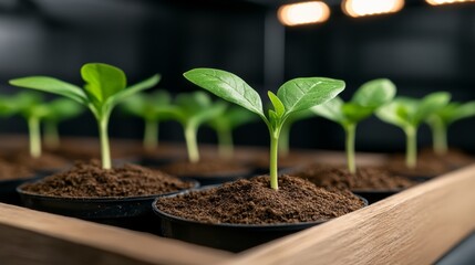 Close-up of row of seedlings growing indoors. Indoor garden with many rooted seedlings neatly arranged.
