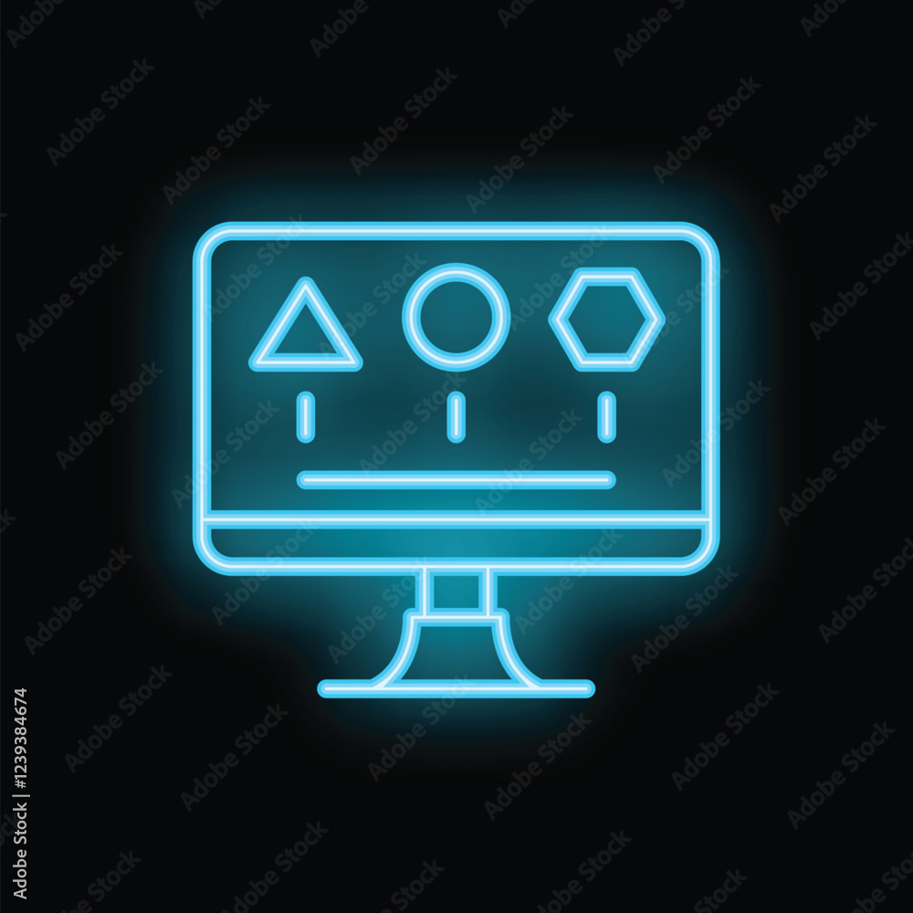 Poster neon icon of a computer screen displaying various geometric shapes, representing online education or