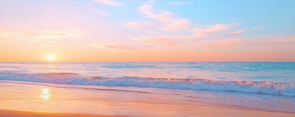 Fototapeta premium A serene beach scene at sunset, with vibrant colors illuminating the sky and gentle waves lapping at the shore.