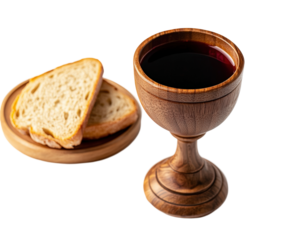 Isolated Wooden Chalice with Red Wine and Sliced Bread
