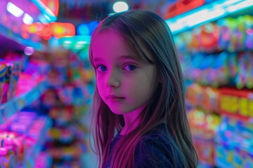 Obraz premium Generative AI image of a cheerful child enjoying a visit to a colorful toy store