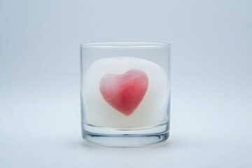 Ice Cube with Heart Shape Inside in Clear Glass on White Background