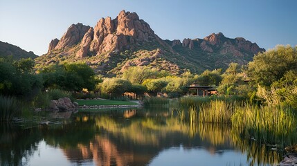 Fototapeta premium Mountain resort pond reflection, sunrise