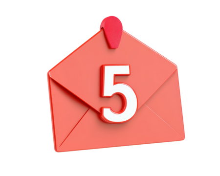 Isolated Red Envelope Icon with Number 5 and Pin Attachment
