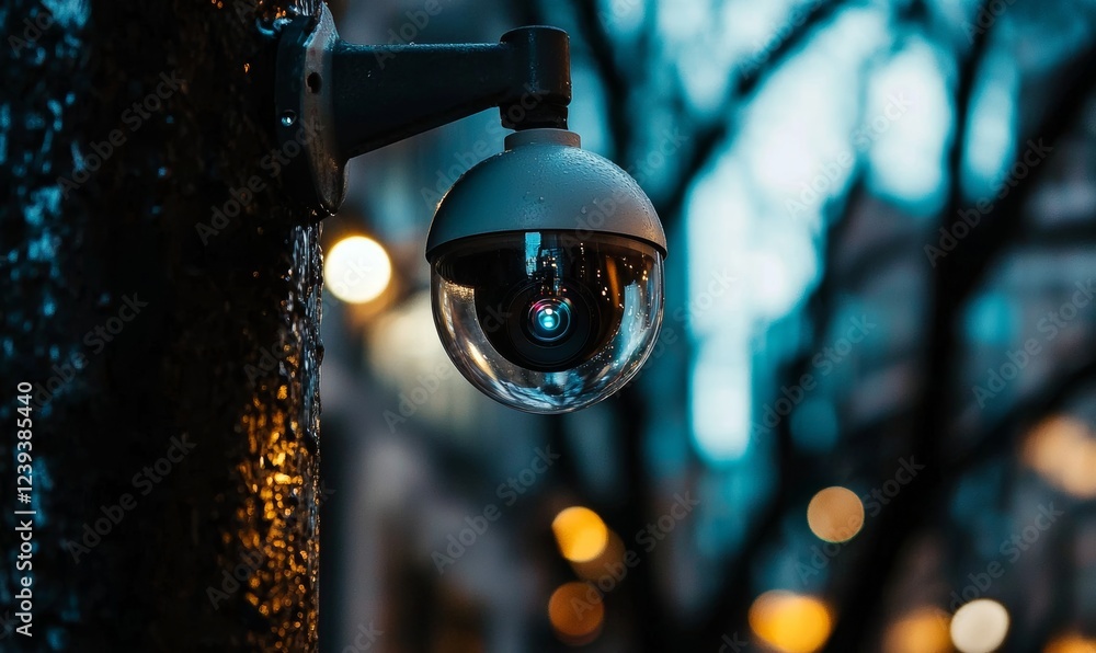 Poster close-up view of a cctv camera with a blurred background, featuring ample space for text