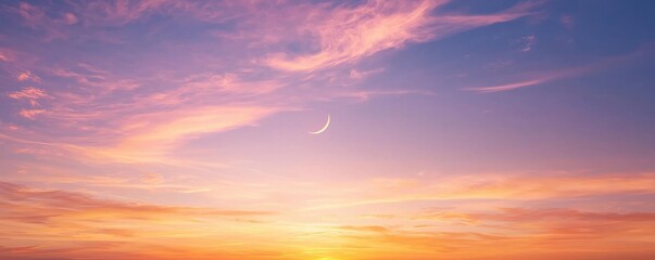 Obraz premium A serene sky at sunset, displaying hues of pink and purple with a delicate crescent moon.