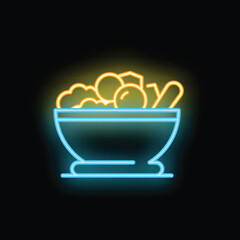 Bright neon sign showing a bowl overflowing with healthy food, promoting a nutritious lifestyle