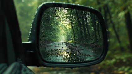 Rainy Road Through Lush Forest: A Car Mirror's View