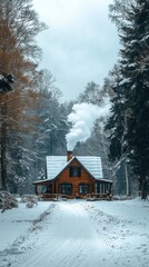 Nestled among tall trees, a rustic wooden cottage stands elegantly in winter's embrace. Smoke puffs from the chimney, creating a cozy atmosphere in the snowy landscape