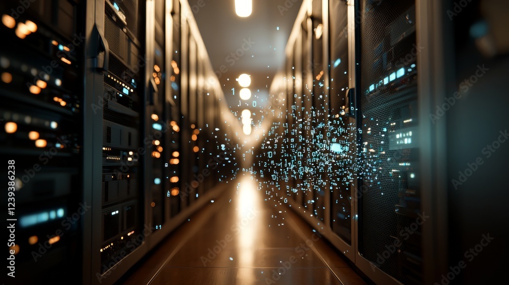 Poster a scene captures the corridor of a working data center teeming with rack servers and supercomputers,