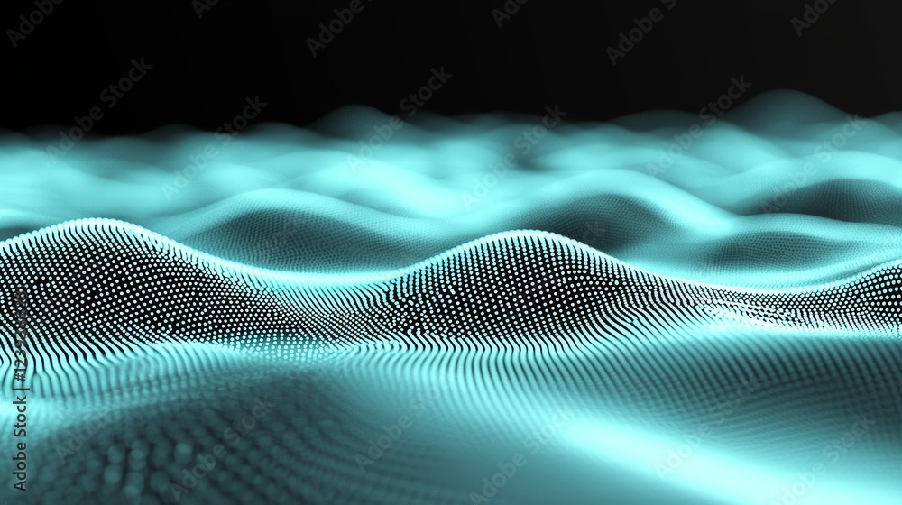 Poster a backdrop of abstract digital data showcases a wave of moving dots, accompanied by a 3d rendered fl