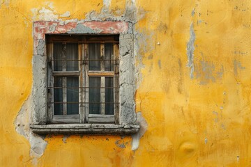 Yellow concrete wall with old wooden window in european city. Detailed photo textured background