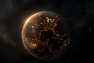 Fototapeta premium Planet Earth observed from space with illuminated cities in Europe, capturing a world bathed in sunrise. This conceptual image symbolizes global business or European communication technology,