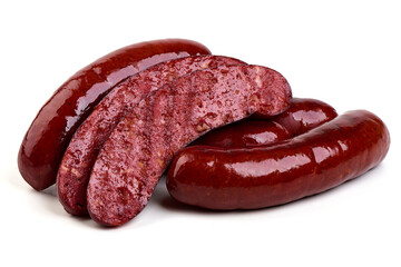 Grilled pork sausages, Oktoberfest dishes, isolated on white background.