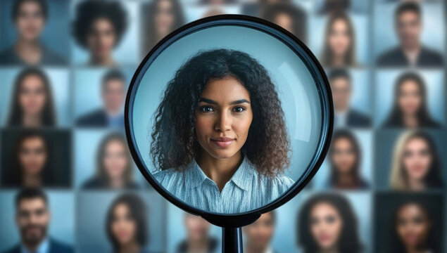 Magnifying glass highlights new talent among employee portraits. 