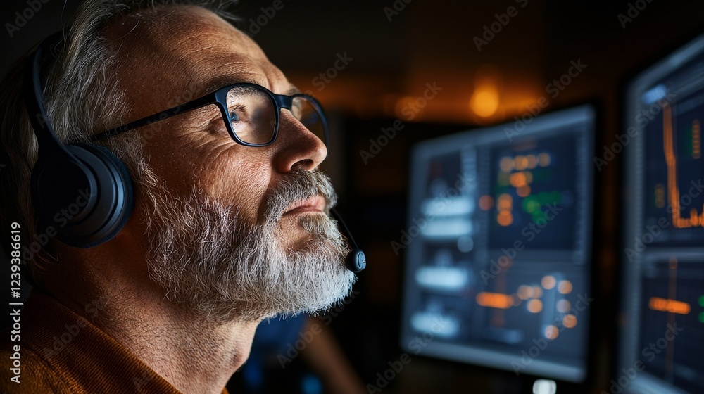 Poster a professional it technical support specialist working on a computer in a monitoring control room su
