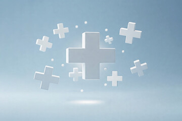 Plus Sign Explosion: 3D Render of White Plus Symbols Floating in Light Blue Space