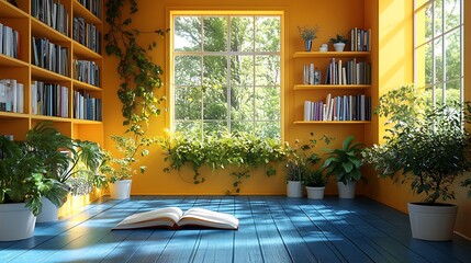 A cozy reading nook bathed in warm sunlight