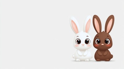 Obraz premium Adorable White and Brown Rabbits - Two cute cartoon rabbits, one white and one brown, sitting together against a light grey background. Perfect for Easter, children's products, or springtime themes.
