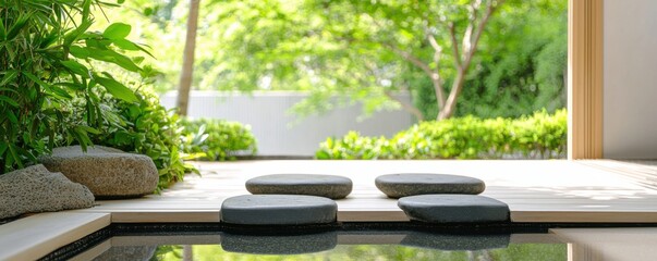 A serene garden scene featuring smooth stones leading to tranquil water, surrounded by lush greenery and natural light.