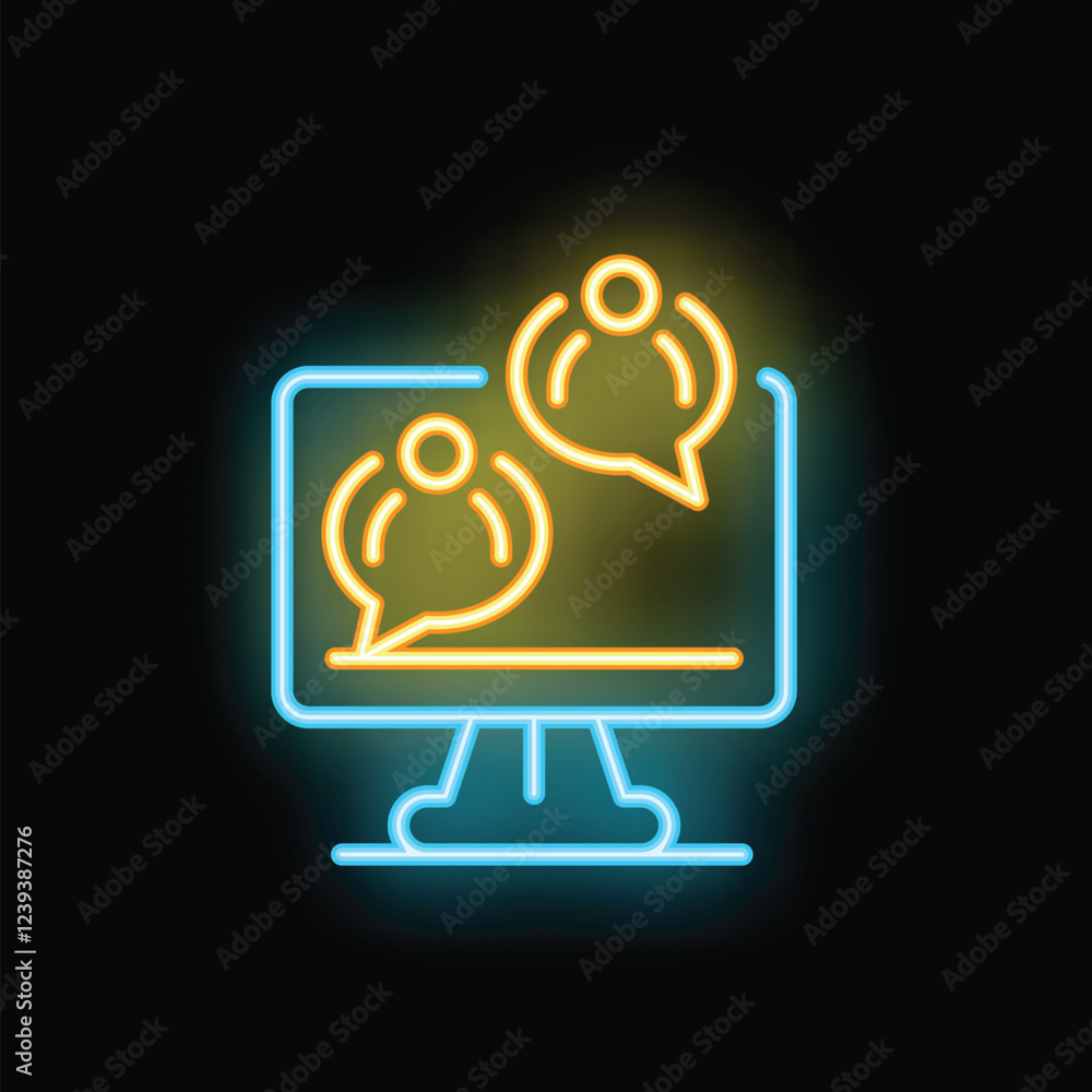 Poster neon icon of online communication with speech bubbles displaying on a computer screen, representing 