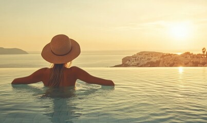 On a warm summer evening by the pool, a woman finds peace in the sunsets vibrant colors, discovering a tranquil oasis away from daily pressures, allowing herself to relax and enjoy the moment