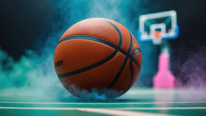 Fototapeta premium close-up of a basketball in the foreground. The basketball is in the center of the image, with the ball facing towards the right side of the frame. The background is dark and blurred