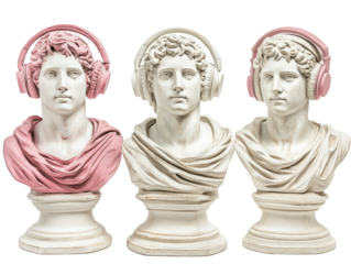 Isolated Set of Three Sculptures Wearing Headphones in Various Shades