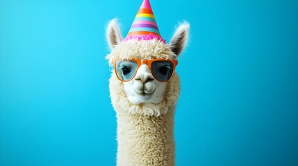 Fototapeta premium Adorable Alpaca Wearing Sunglasses and Party Hat Fun Festive Animal Portrait Blue Background Happy Birthday Celebration Cute Fluffy Cream Alpaca 