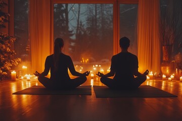A man and woman meditating together in a dimly lit room surrounded by glowing candles and peaceful ambiance.