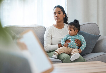 Counseling, psychology and advice with baby and mother for postpartum depression, therapy and...