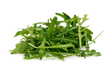 Fresh vegetarian arugula salad, isolated on white background. High resolution image.