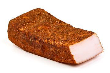 Homemade smoked pork lard with spices, isolated on white background.