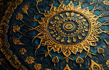 Obraz premium Intricate Golden Mandala Design on Textured Blue Background, Featuring Floral and Spiral Patterns Radiating from the Center