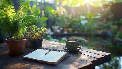 Peaceful morning coffee break in a lush garden setting, notebook and pencil ready for journaling, capturing serenity and tranquility.