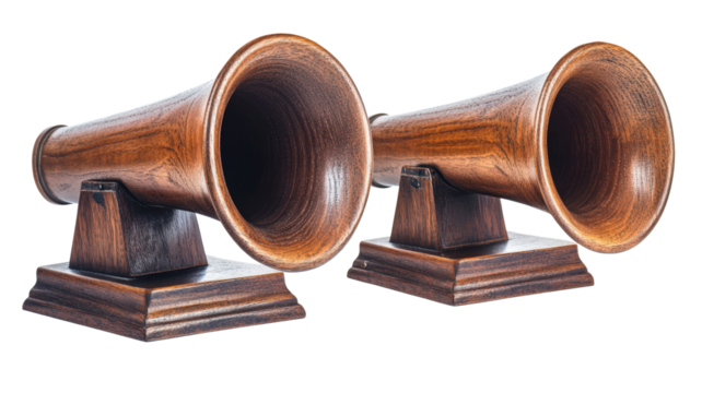 Isolated Two Wooden Antique Horn Speakers on Stands