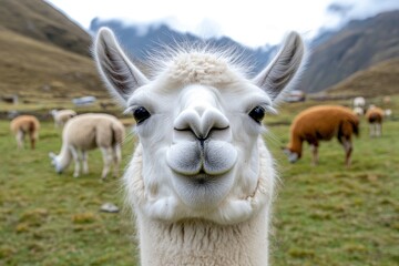 Obraz premium Humorous white llama smiling in the foreground with grazing llamas behind it in Peru