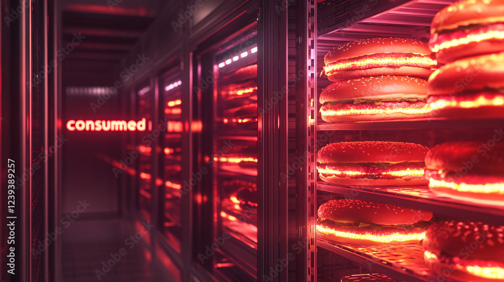 Poster a server room where burgers are built from data layers, buns made of soft cables and patties formed 