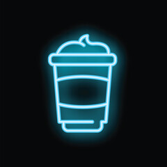 Glowing blue neon sign of a takeaway coffee cup with whipped cream on black background