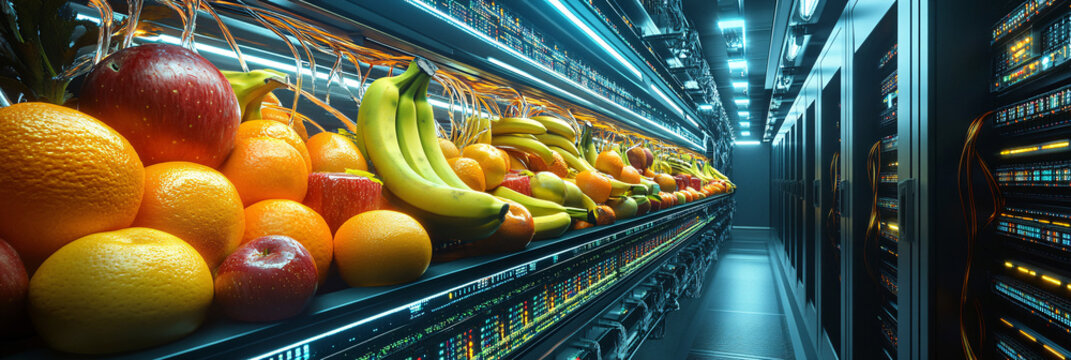 A server room filled with oversized fruits, where glowing wires intertwine with bananas, apples, and oranges, symbolizing the energy of data flowing like natural sugars. 
