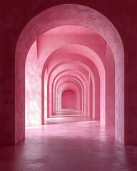 Naklejka premium Immersing in classic metaphysics through surreal interior design, you encounter imaginary fictional architecture. A red marble archway beckons you to step forward, representing opportunities,
