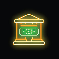Neon sign of classical bank building with dollar bill glowing on black brick wall