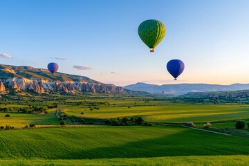 Obraz premium Travel aerial top view of a young hiker wearing a hat on a mountain, with hot air balloons and a cave house in the distance, Cappadocia, Turkey