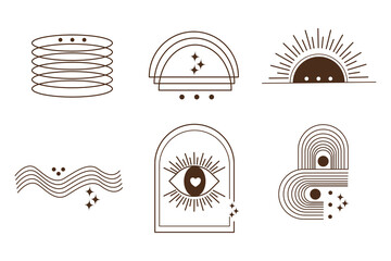 Set of minimal boho linear symbols. Mystical contemporary art. Bohemian linear icons with eye, sun, arc, window, etc. Suitable for decoration.