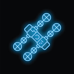 Neon blue satellite is orbiting earth, representing global communication and space exploration